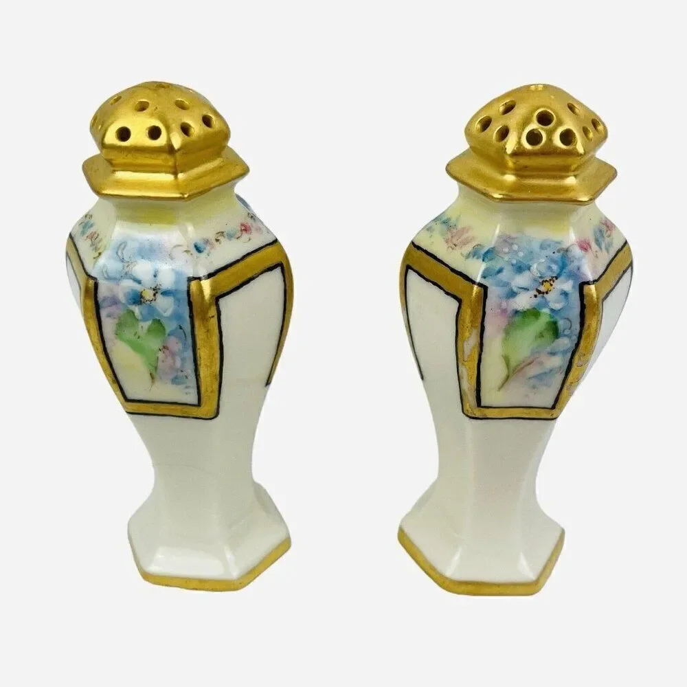 Antique 1900 Belleek Lenox Salt & Pepper Shakers Forget Me Nots Hand Painted Set